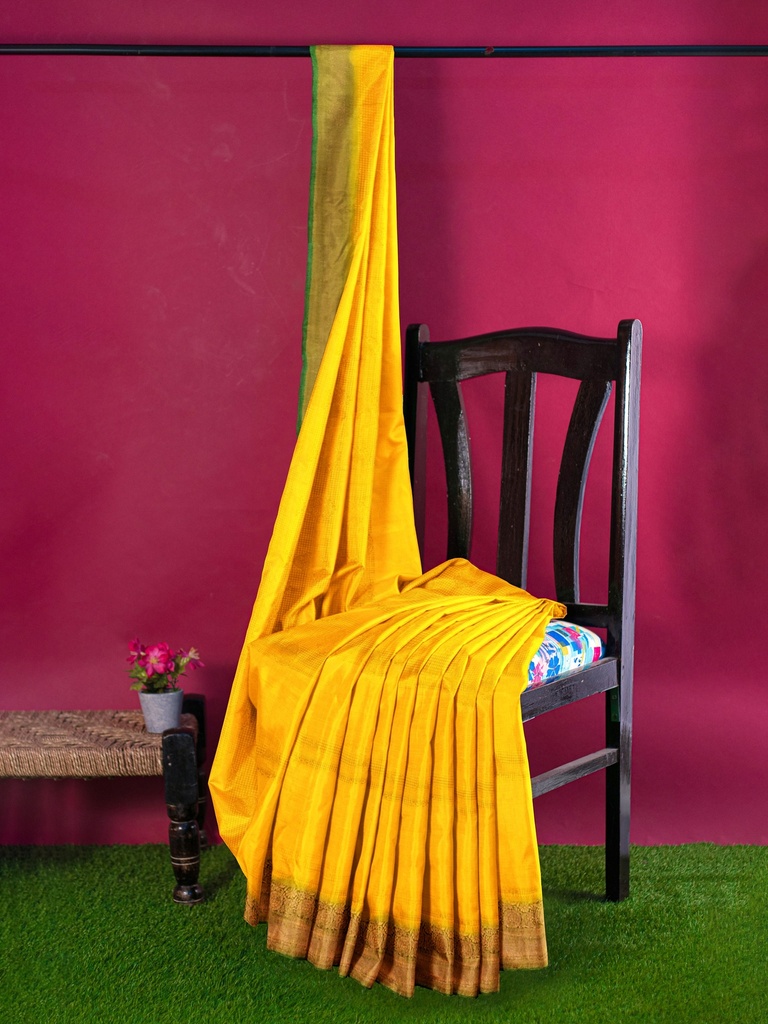  Yellow Soft Silk Saree with Contrasting Green Border and Unstitched Blouse