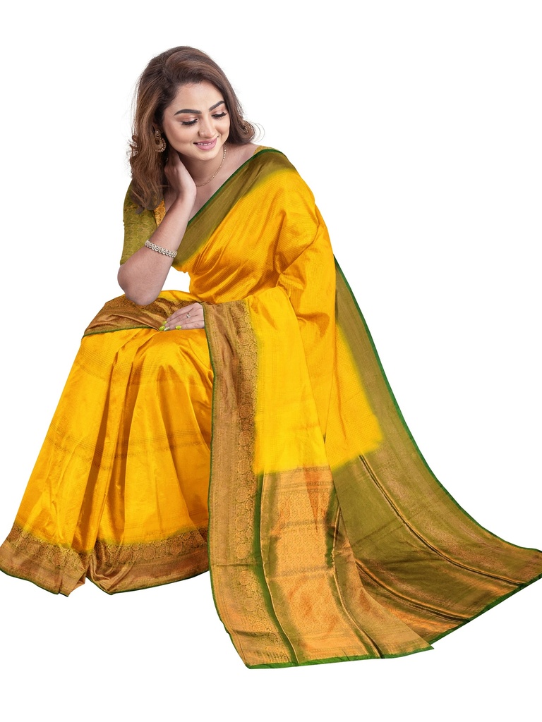  Yellow Soft Silk Saree with Contrasting Green Border and Unstitched Blouse