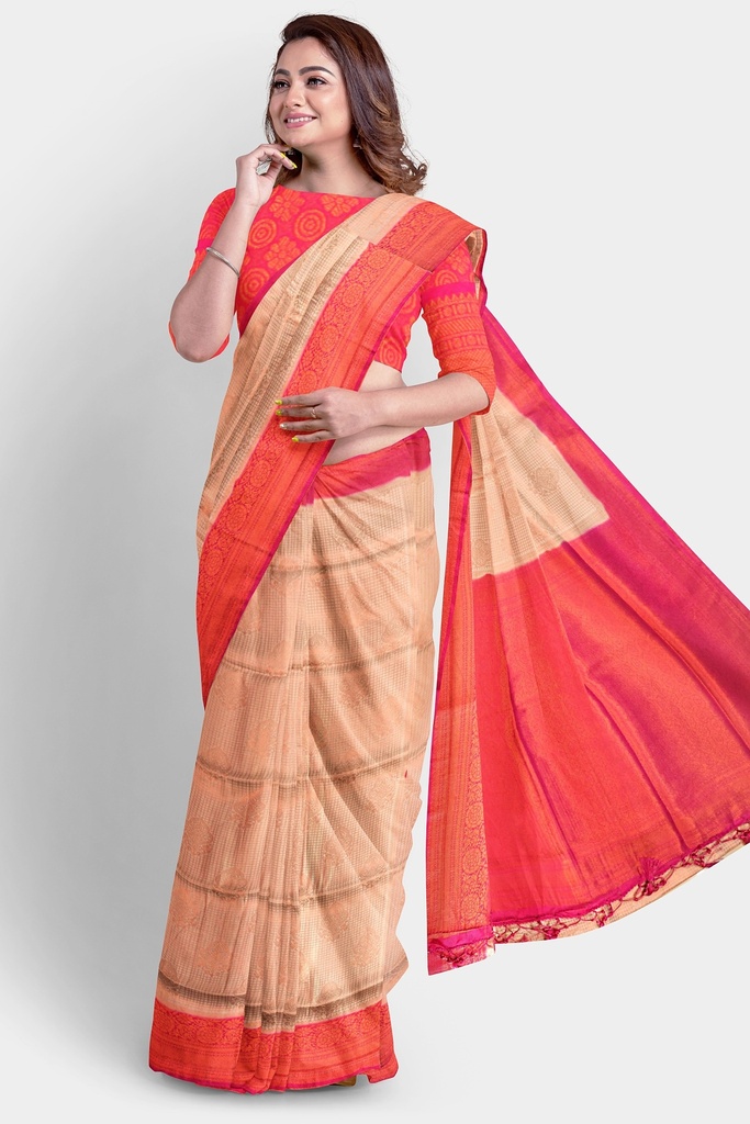 Peach Pink Soft Silk Saree with Contrasting Pink Border and Unstitched Blouse