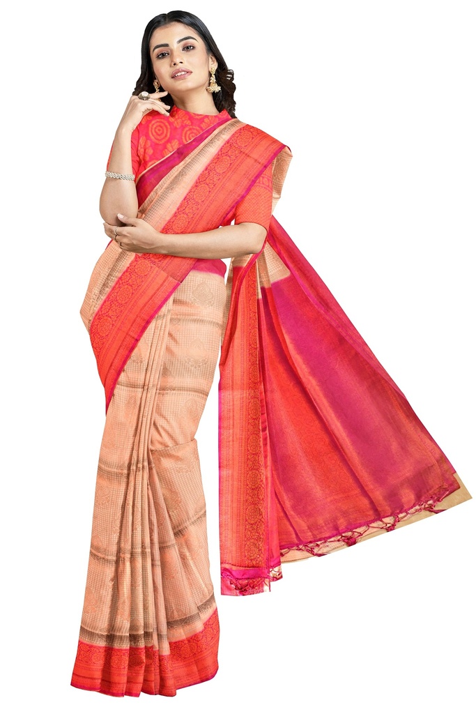 Peach Pink Soft Silk Saree with Contrasting Pink Border and Unstitched Blouse