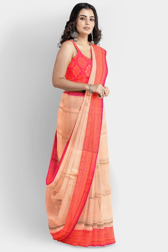 Peach Pink Soft Silk Saree with Contrasting Pink Border and Unstitched Blouse