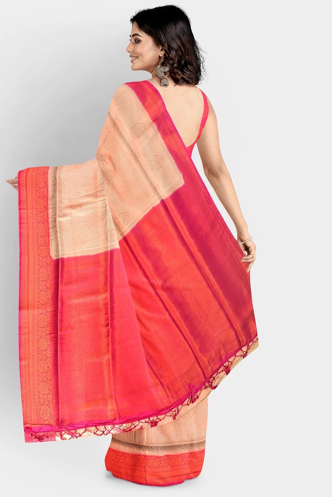 Peach Pink Soft Silk Saree with Contrasting Pink Border and Unstitched Blouse