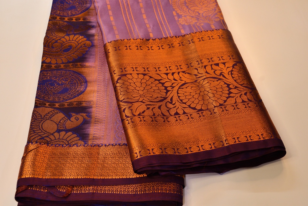 Lavender Color Semi Silk with Copper Zari and Brown Border
