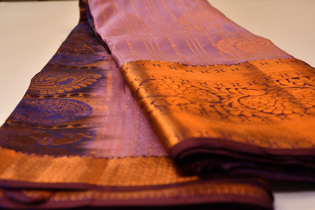 Lavender Color Semi Silk with Copper Zari and Brown Border