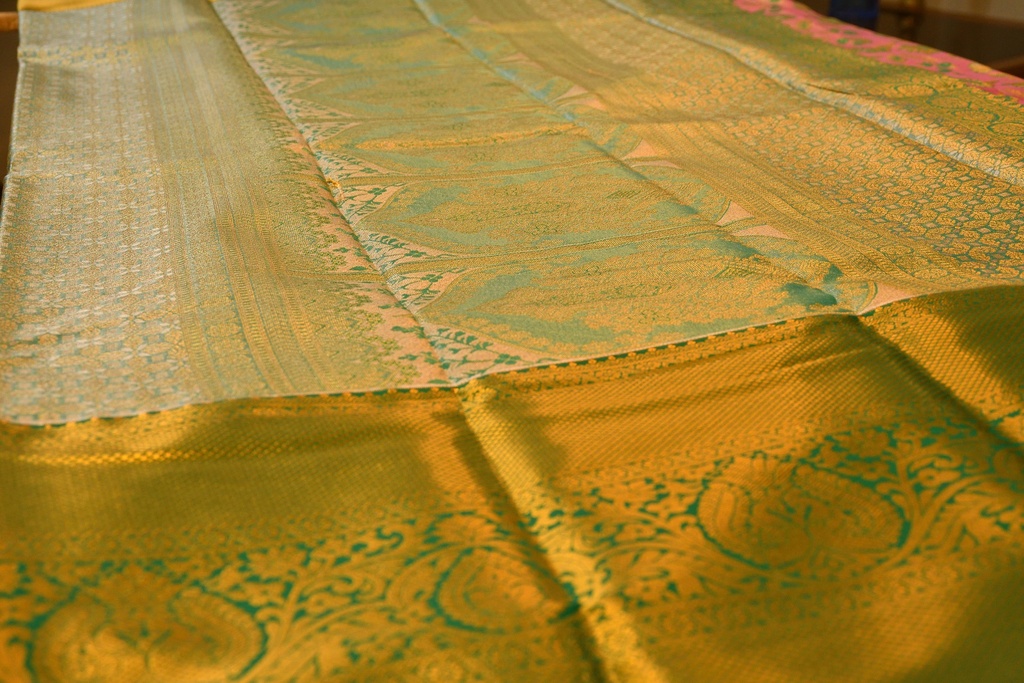 Pastel Pink Meenakari Tissue Semi Silk with Green Border