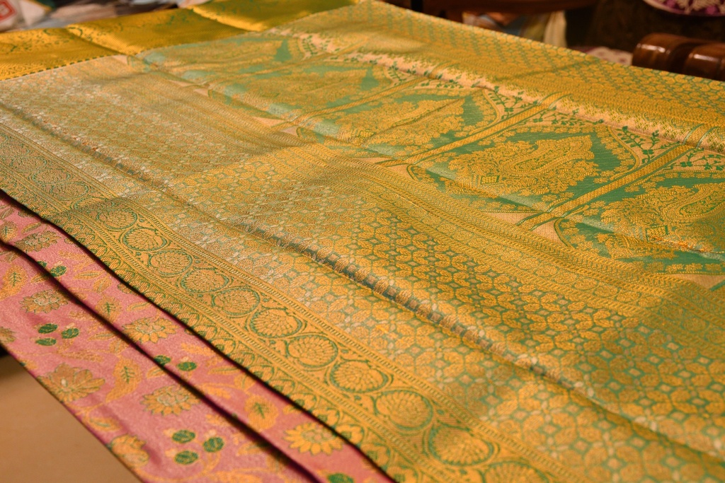 Pastel Pink Meenakari Tissue Semi Silk with Green Border