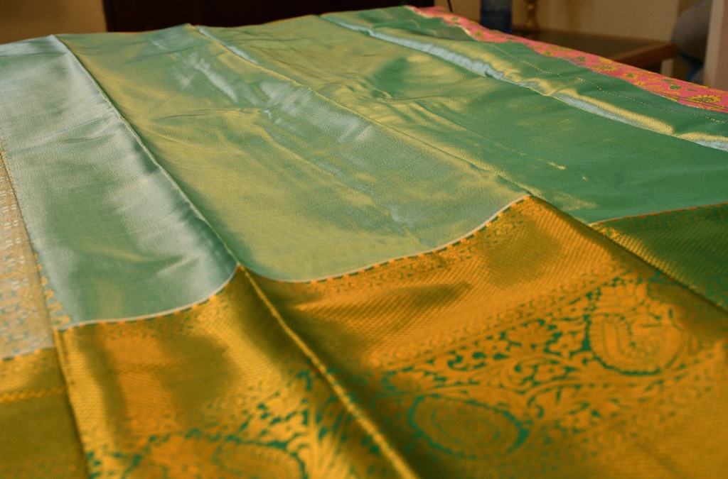 Pastel Pink Meenakari Tissue Semi Silk with Green Border