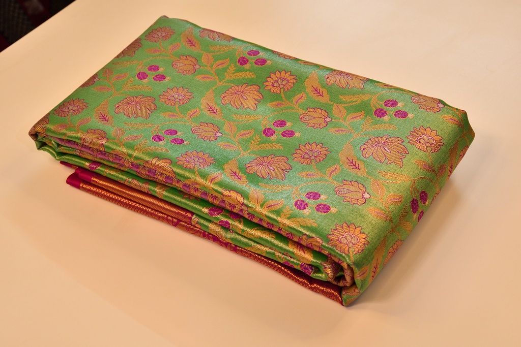 Pastel Green Meenakari Tissue Semi Silk with Pink Border