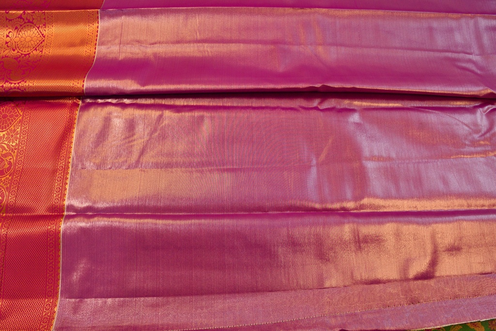 Pastel Green Meenakari Tissue Semi Silk with Pink Border