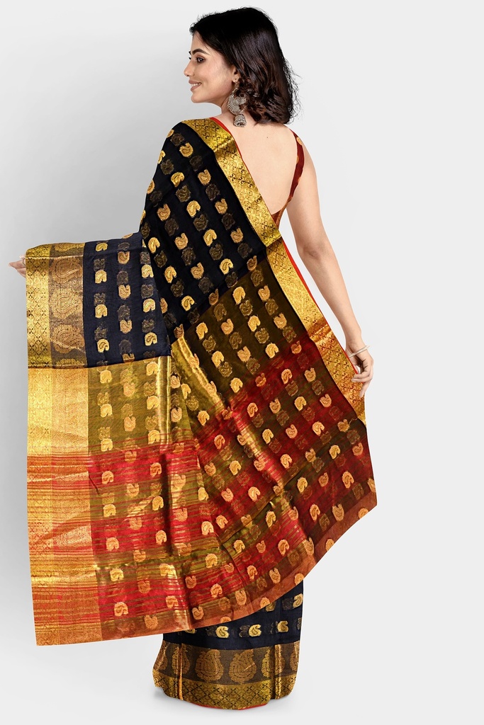Black and Maroon Cotton Silk Saree with Mango Butta and Unstitched Blouse  