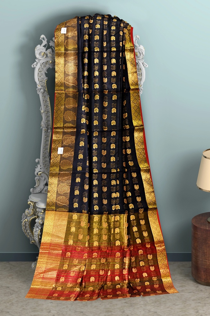 Black and Maroon Cotton Silk Saree with Mango Butta and Unstitched Blouse  