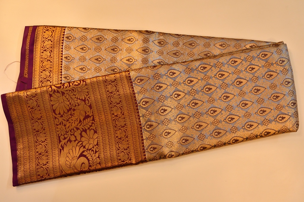 Grey & Silver Tissue Semi-Silk Saree with Wine Border and Gold-Silver Zari Weaving