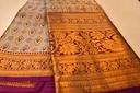 Grey & Silver Tissue Semi-Silk Saree with Wine Border and Gold-Silver Zari Weaving