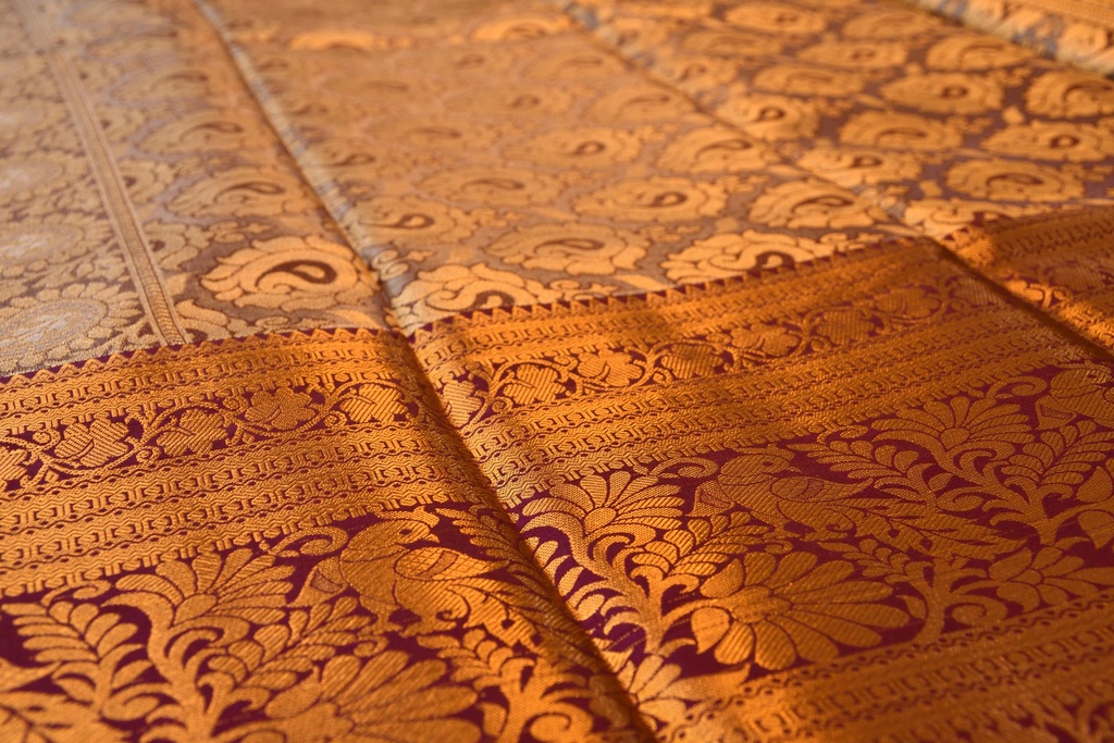 Grey & Silver Tissue Semi-Silk Saree with Wine Border and Gold-Silver Zari Weaving