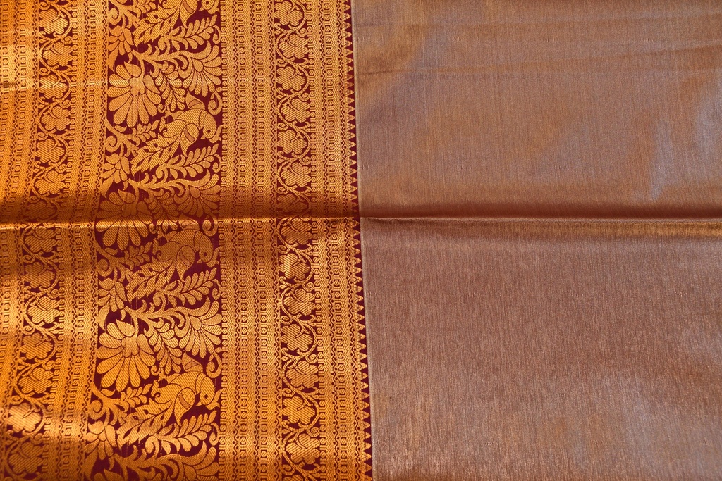 Grey & Silver Tissue Semi-Silk Saree with Wine Border and Gold-Silver Zari Weaving