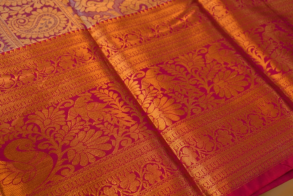 Dual-Shade Pink & Grey Tissue Semi-Silk Saree with Silver-Gold Zari Weaving