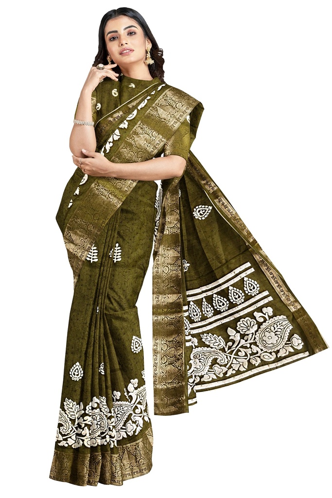 Amonra Fabrics Dola Silk Saree with Unstitched Blouse (Mehendi Green)