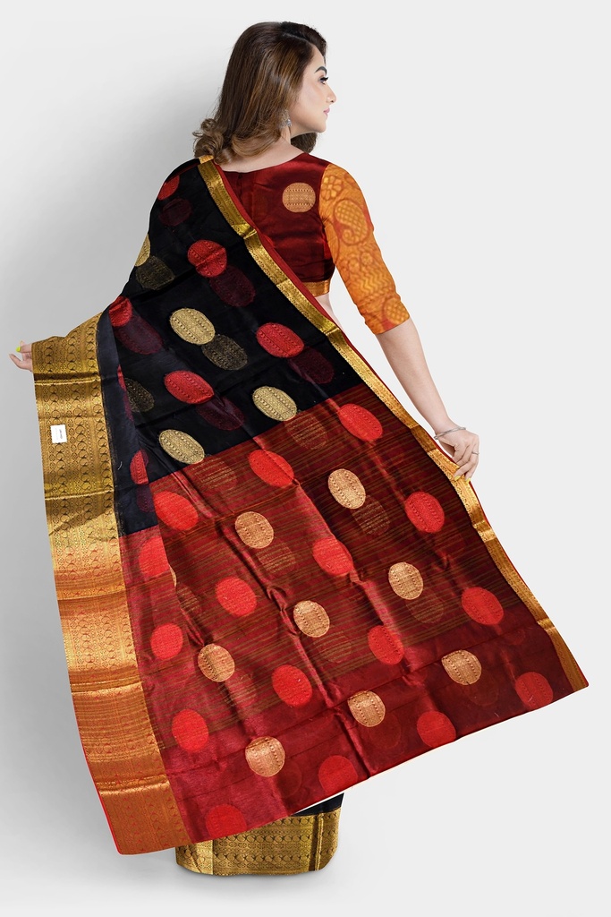 Black and Maroon Cotton Silk Saree with Big Round Butta and Unstitched Blouse
