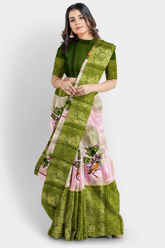 Linen Olive Green Saree with Jacquard Big Border and Unstitched Blouse