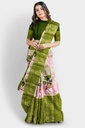 Linen Olive Green Saree with Jacquard Big Border and Unstitched Blouse