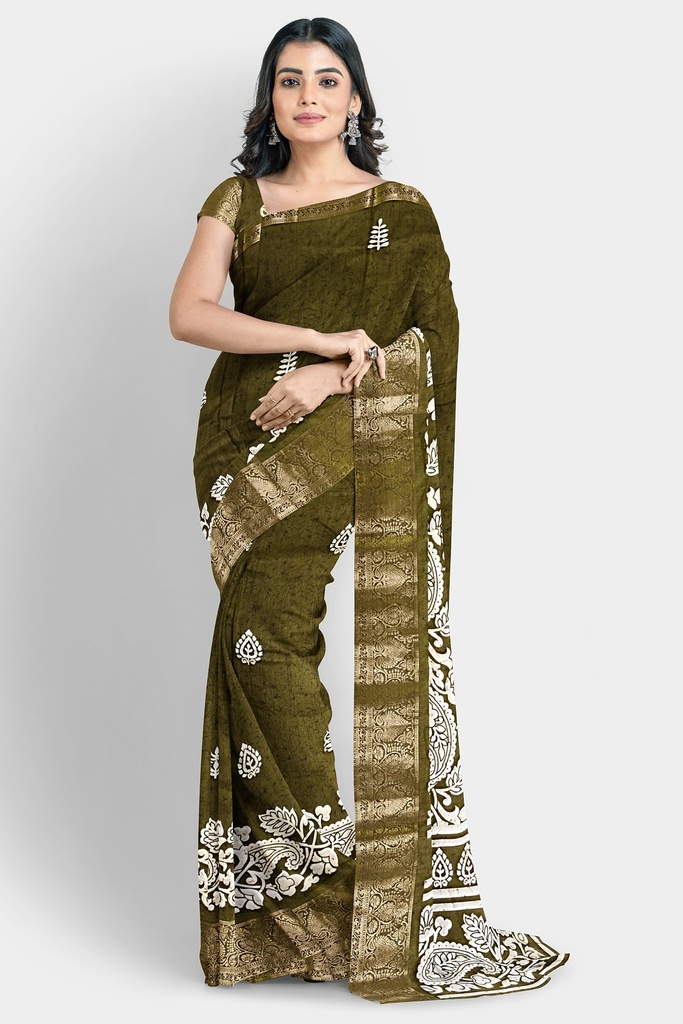 Amonra Fabrics Dola Silk Saree with Unstitched Blouse (Mehendi Green)