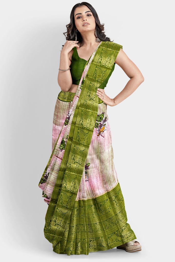 Linen Olive Green Saree with Jacquard Big Border and Unstitched Blouse