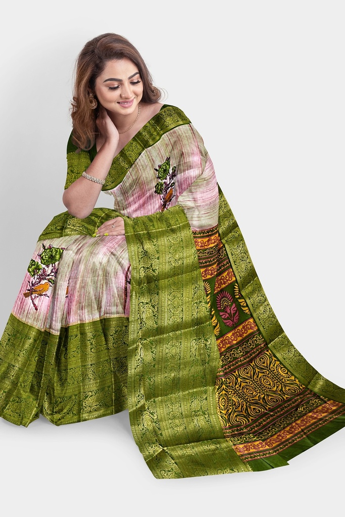 Linen Olive Green Saree with Jacquard Big Border and Unstitched Blouse