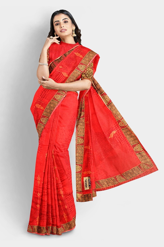 Red Chiffon Lace Bordered Saree with Unstitched Blouse
