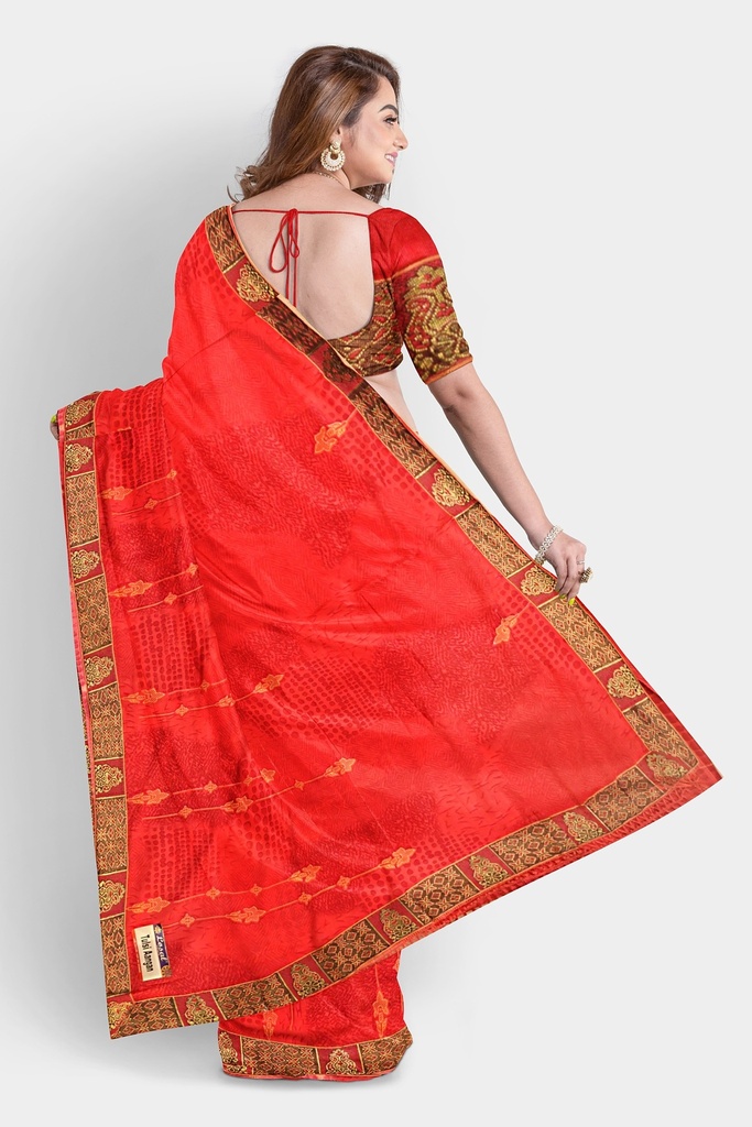 Red Chiffon Lace Bordered Saree with Unstitched Blouse