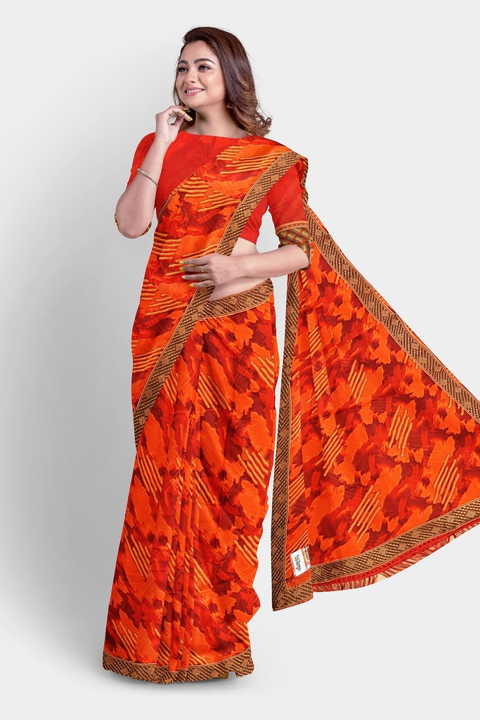 Orange Chiffon Lace Bordered Saree with Unstitched Blouse