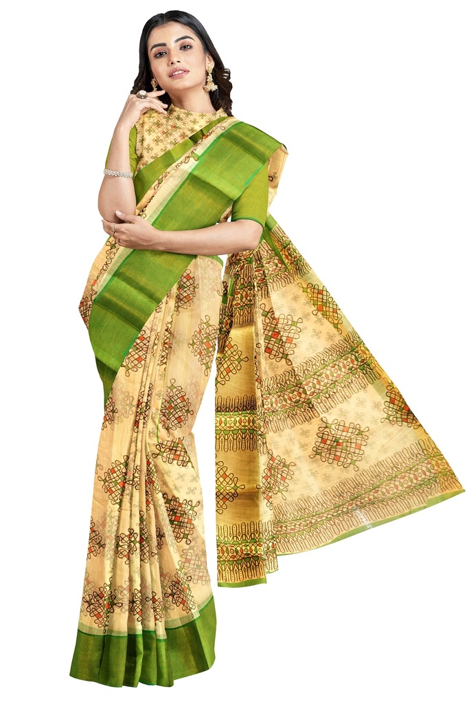 Fancy Cotton Saree with Unstitched Blouse (Half White with Green Border)