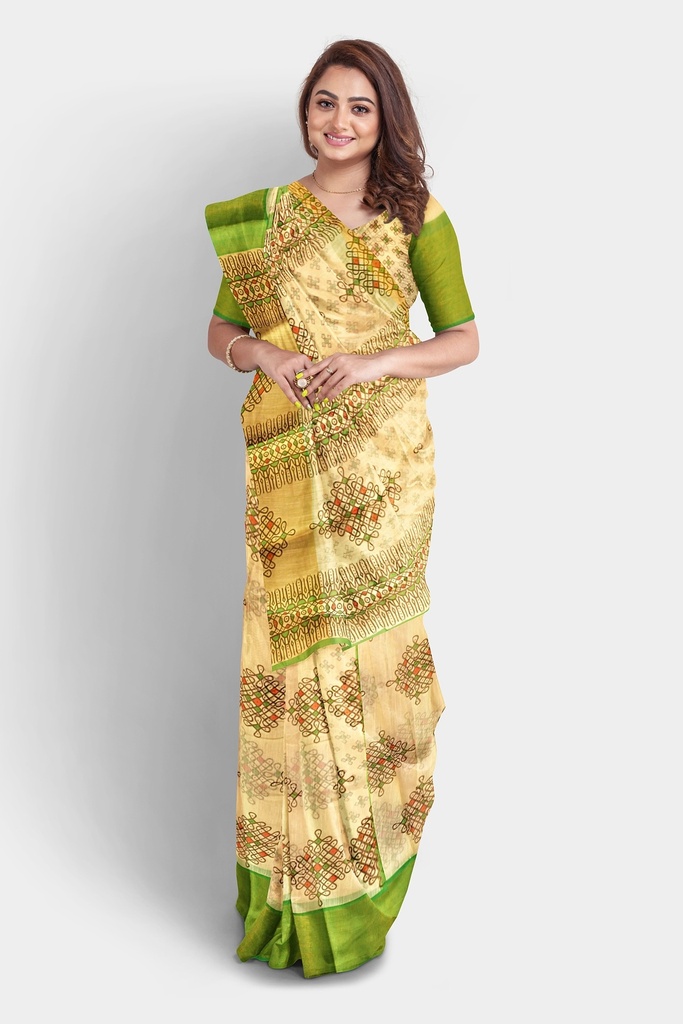 Fancy Cotton Saree with Unstitched Blouse (Half White with Green Border)
