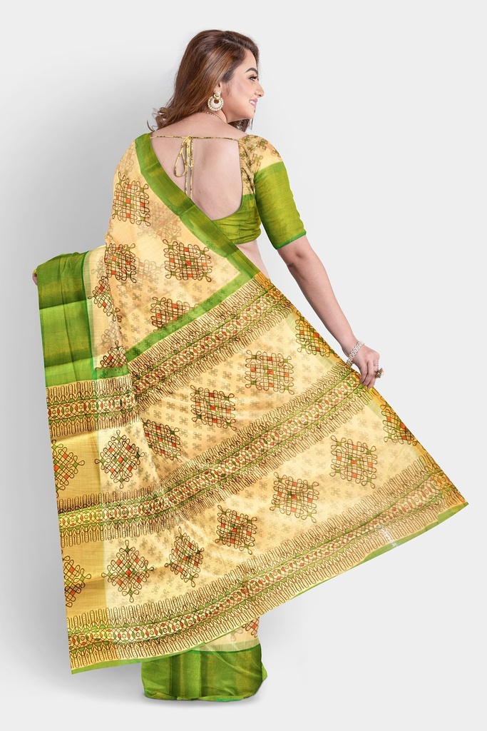 Fancy Cotton Saree with Unstitched Blouse (Half White with Green Border)