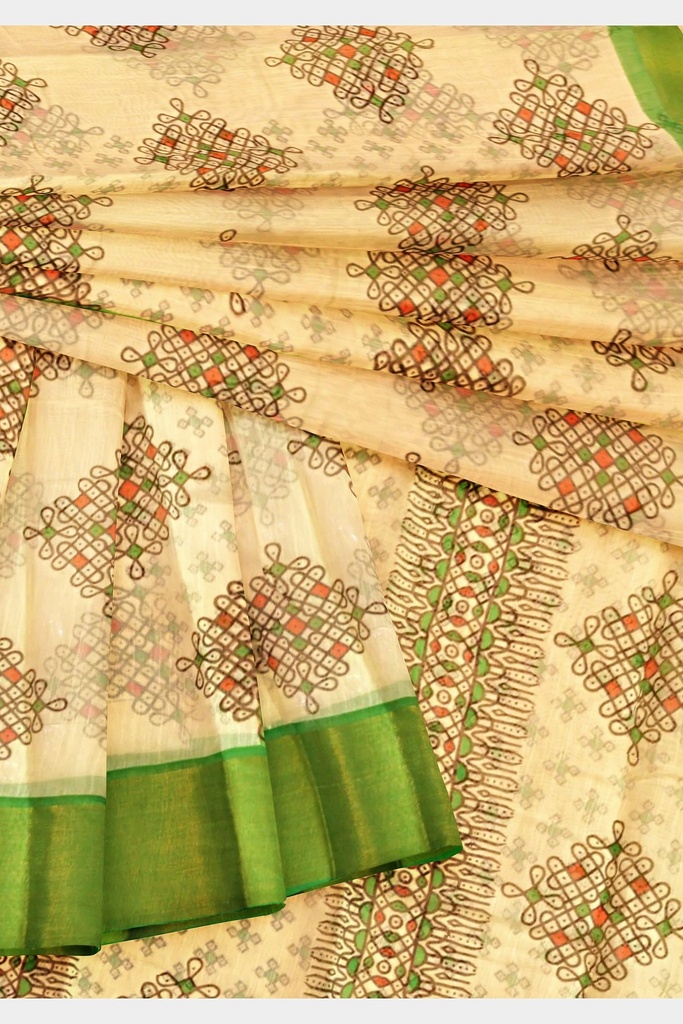 Fancy Cotton Saree with Unstitched Blouse (Half White with Green Border)