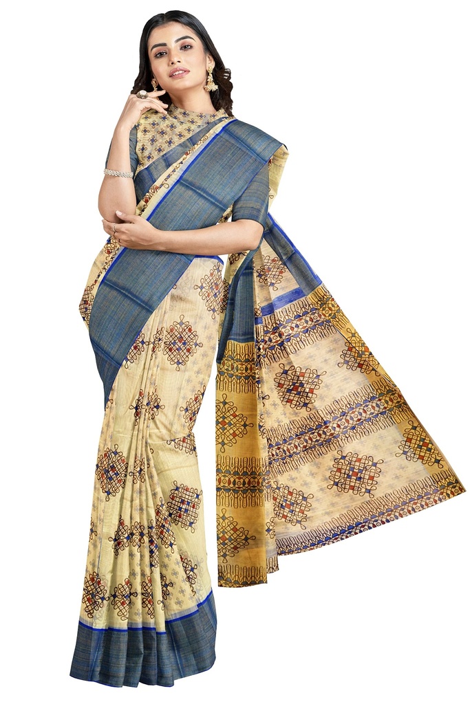  Fancy Cotton Saree with Unstitched Blouse (Half White with Blue Border)
