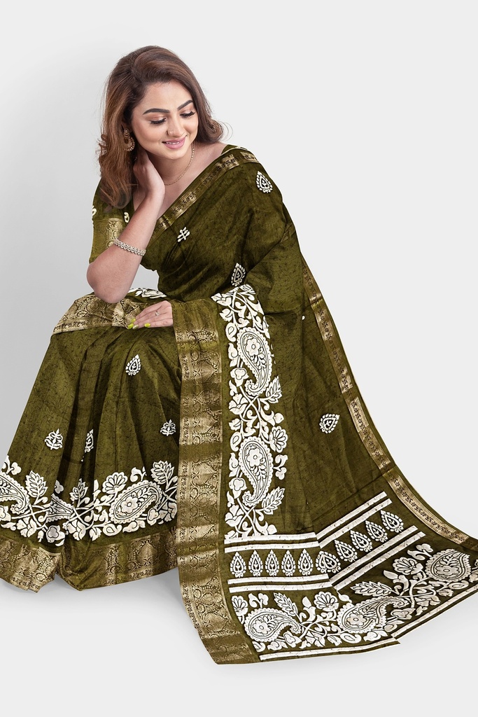 Amonra Fabrics Dola Silk Saree with Unstitched Blouse (Mehendi Green)