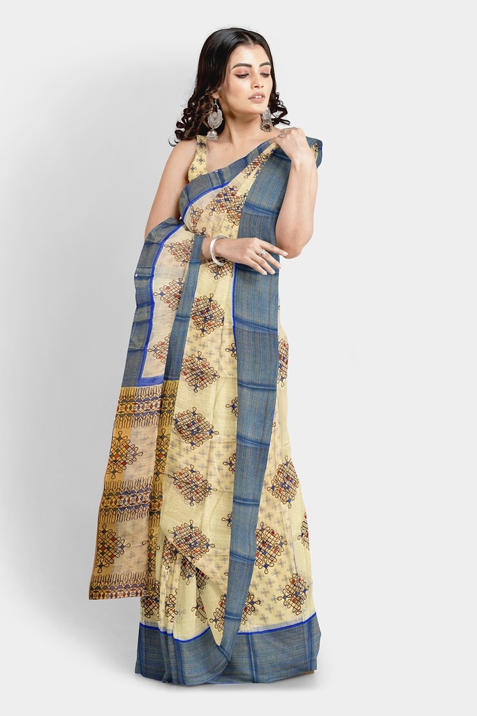  Fancy Cotton Saree with Unstitched Blouse (Half White with Blue Border)