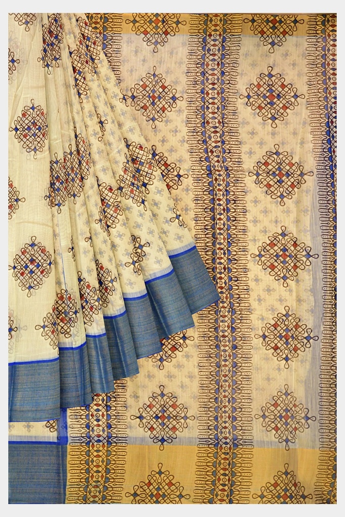 Fancy Cotton Saree with Unstitched Blouse (Half White with Blue Border)