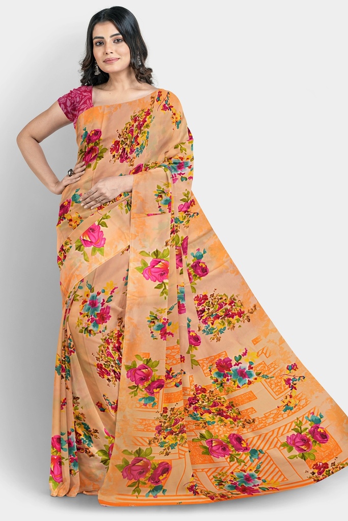 Chiffon Saree with Floral Pattern and Unstitched Blouse (Pastel Orange)
