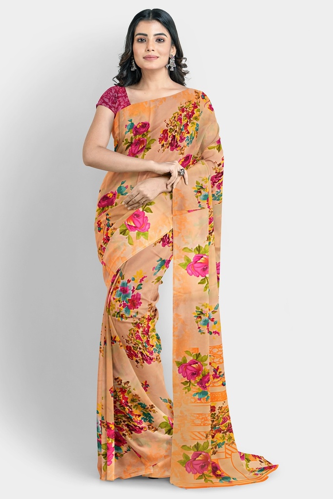 Chiffon Saree with Floral Pattern and Unstitched Blouse (Pastel Orange)