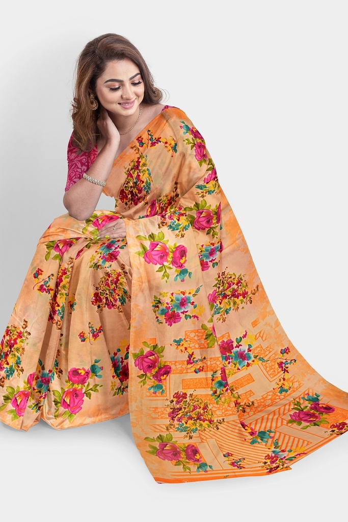 Chiffon Saree with Floral Pattern and Unstitched Blouse (Pastel Orange)