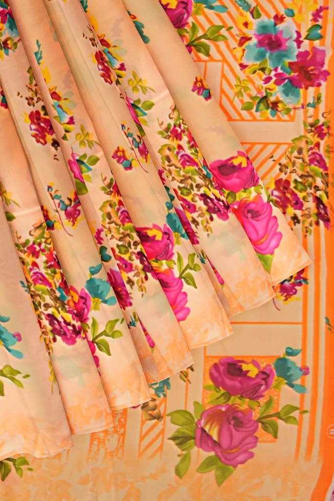 Chiffon Saree with Floral Pattern and Unstitched Blouse (Pastel Orange)