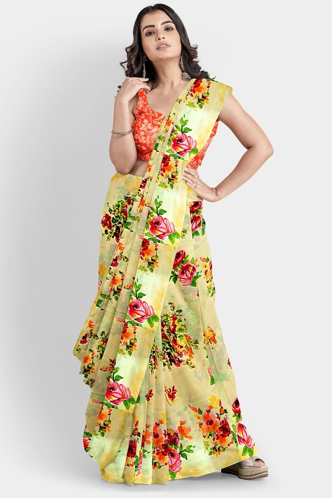Butter Chiffon Saree with Floral Pattern and Unstitched Blouse (Pastel Yellow)