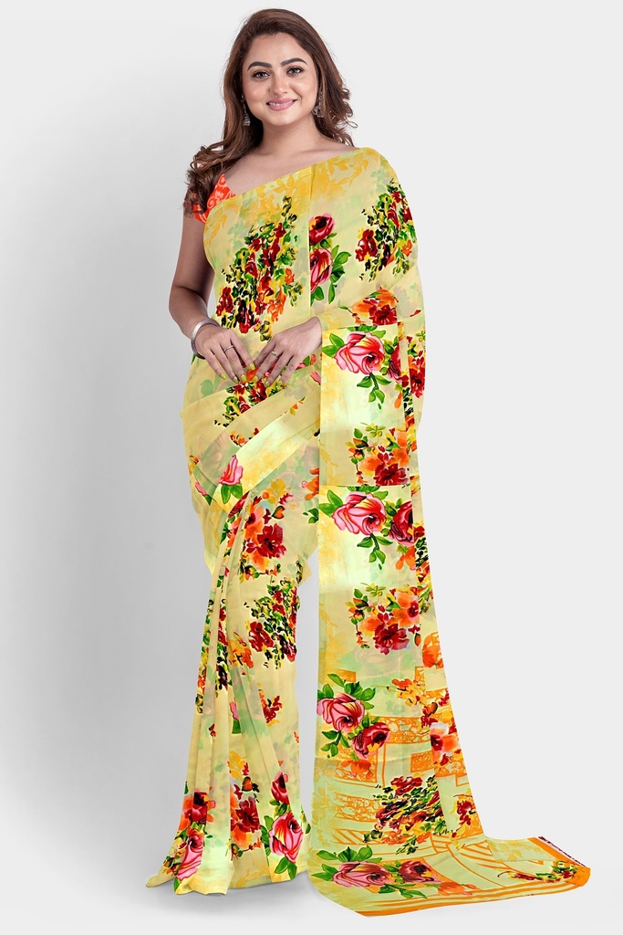 Butter Chiffon Saree with Floral Pattern and Unstitched Blouse (Pastel Yellow)