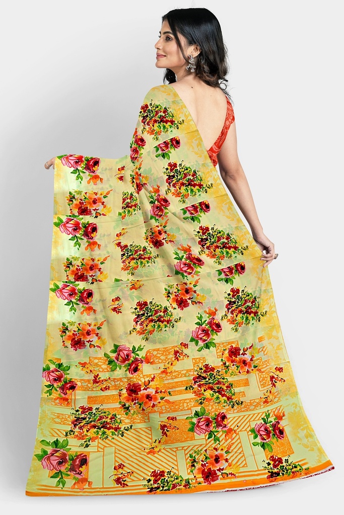 Butter Chiffon Saree with Floral Pattern and Unstitched Blouse (Pastel Yellow)