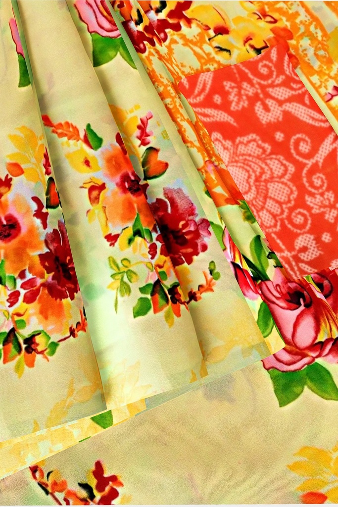 Butter Chiffon Saree with Floral Pattern and Unstitched Blouse (Pastel Yellow)