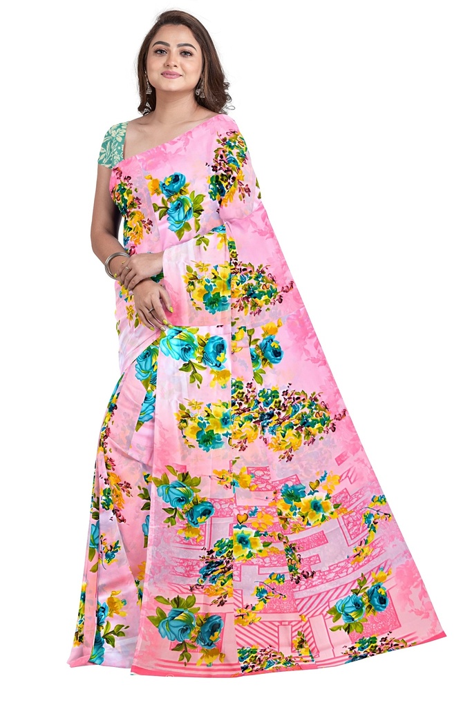 Butter Chiffon Saree with Floral Pattern and Unstitched Blouse (Pastel Pink)