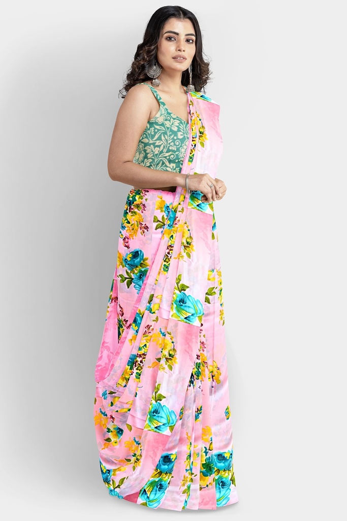 Butter Chiffon Saree with Floral Pattern and Unstitched Blouse (Pastel Pink)
