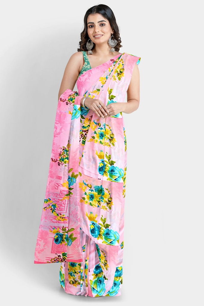 Butter Chiffon Saree with Floral Pattern and Unstitched Blouse (Pastel Pink)