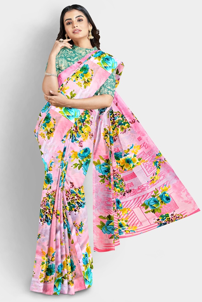 Butter Chiffon Saree with Floral Pattern and Unstitched Blouse (Pastel Pink)